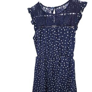 E&M Womens Sleeveless Dress Size Small Lace Navy Blue White Polka Dot